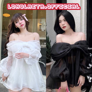 Bowydress เดรสสั้นปาดไหล่แต่งโบว์ยักษ์ด้านหน้าแขนยาวผ้าแก้วใส่แล้วเหมือนคุณหนูสุดๆ ป้าย rainbow