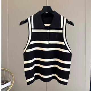 YSL TOP STRIPED เสื้อกล้าม ทรงครอป ลายทางคอปก  วายเอสแอล