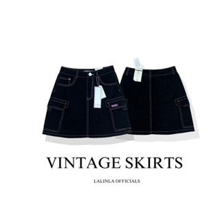 vintage skirts #กระโปรงยีนส์คาร์โก้ สีดำตะเข็บขาว #y2k