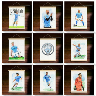 โปสเตอร์ผ้าแคนวาส แขวนไม้แท้ ลายนักเตะทีมแมนเชสเตอร์ซิตี้ Manchester City