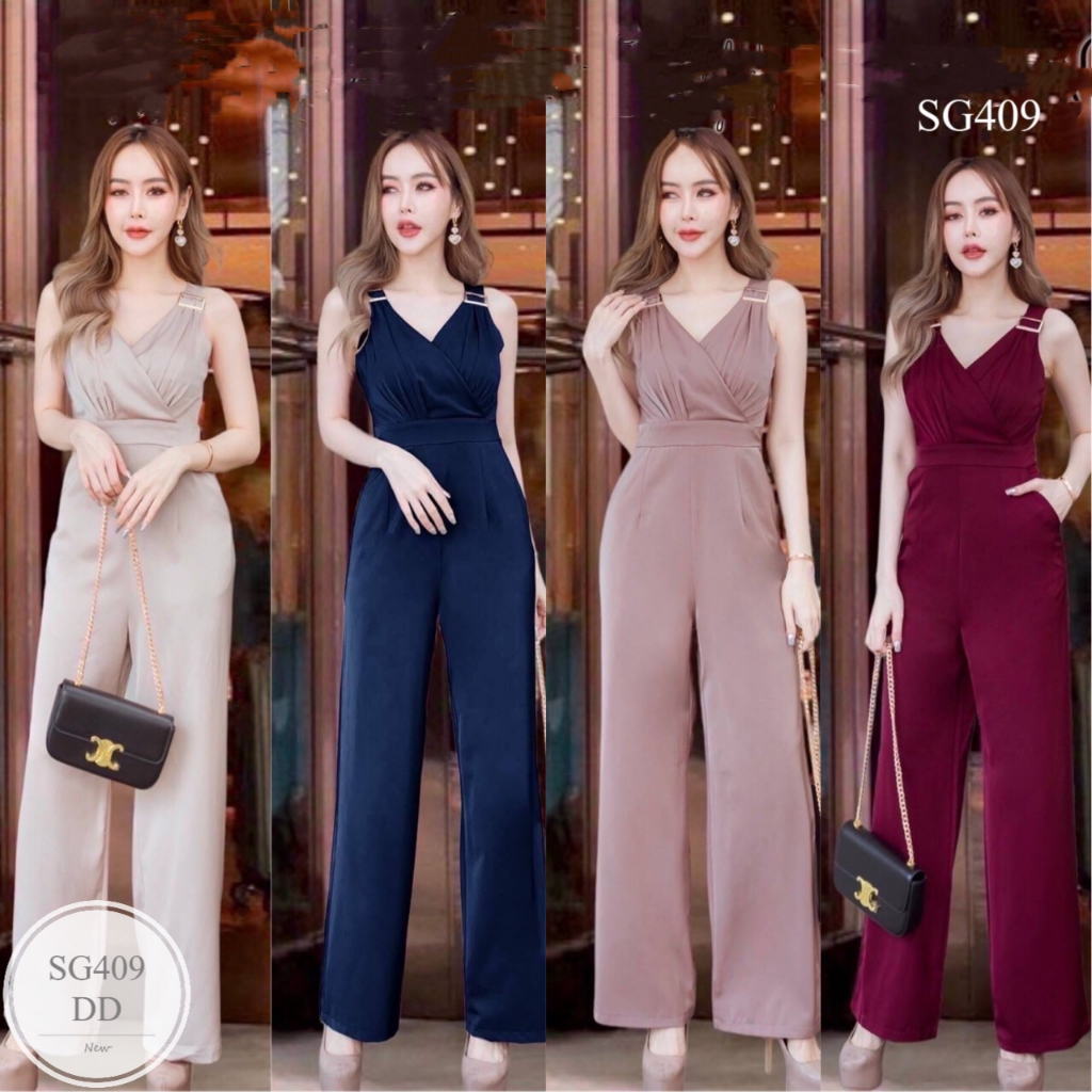 SG409 จั๊มสูทขายาวอกจับจีบ สายมีเข็มขัด 2 ข้าง มีกระเป๋าข้าง