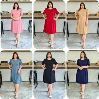 Plus size เดรสสาวอวบ คอกลม กระโปรงแต่งจีบทวิต ใส่ทำงานออกงานสำหรับสาวอวบ