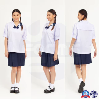 เสื้อนักเรียนหญิง ปกทหารเรือ ชุดนักเรียนหญิง มัธยม เสื้อเชิ้ตนักเรียนหญิง ตราชนินทร์อาภรณ์ เบอร์ 30-48