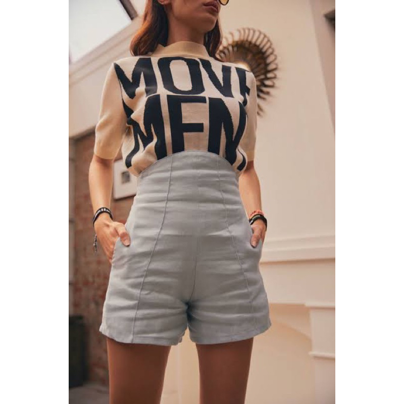พร้อมส่ง Rally Movement - เสื้อคอเต่าทอลาย/ กางเกงขาสั้นผ้าลินิน