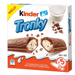 Kinder Tronky 1 กล่อง มี 5 เวเฟอร์โกโก้กรุบกรอบสอดไส้ช็อกโกแลตและนมพร้อมบิสกิตครันชี่