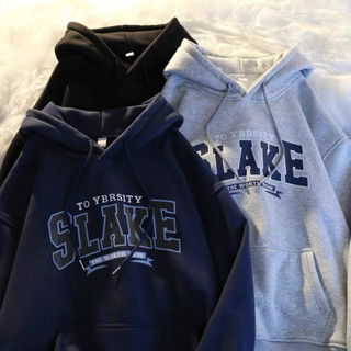 SLAKE เสื้อฮู้ดแขนยาวทรงโอเวอร์ไซส์ เสื้อกันหนาวแฟชั่นสไตล์เกาหลีผ้าสำลี