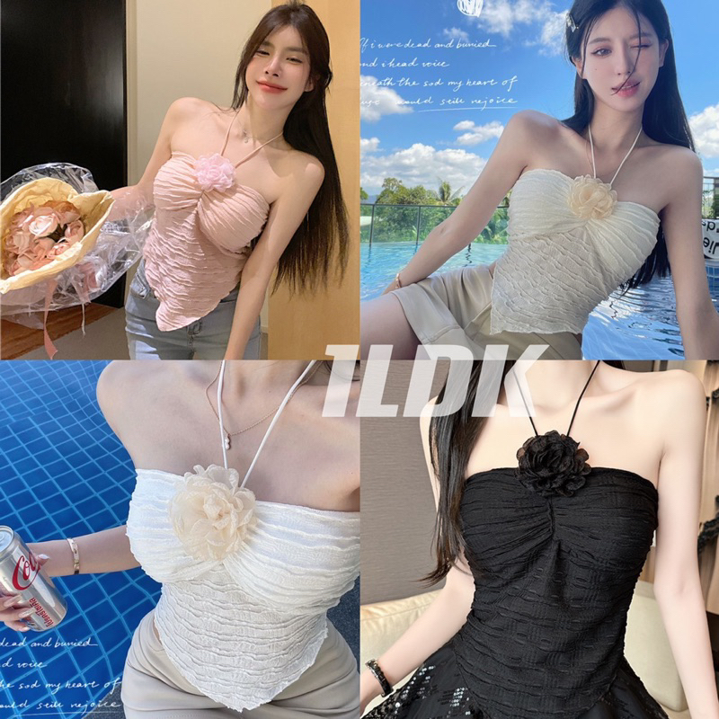 1LDK พร้อมส่ง เสื้อเกาะอกไหมพรม ผูกคล้อง สม็อคหลัง แถมเข็มกัดดอกไม้(09008)