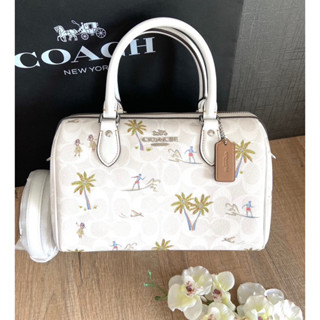 (ผ่อน0%) กระเป๋าสะพายข้าง ทรงหมอน 10 นิ้ว Coach Rowan Satchel In Signature Canvas  With Hula Print CJ600 ลายซีสีขาว