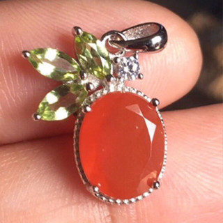 จี้เงินแท้พลอยคาเนเลี่ยน ประดับเพอริดอต เพชร cz  ตัวเรือนเงินแท้ 925 Orange Carnelian, Peridot&amp; Cz Pendant 925