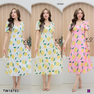 J18793 เดรสคอหยัก ลายเลม่อนสดใส Notched Neck Dress with Bright Lemon Pattern