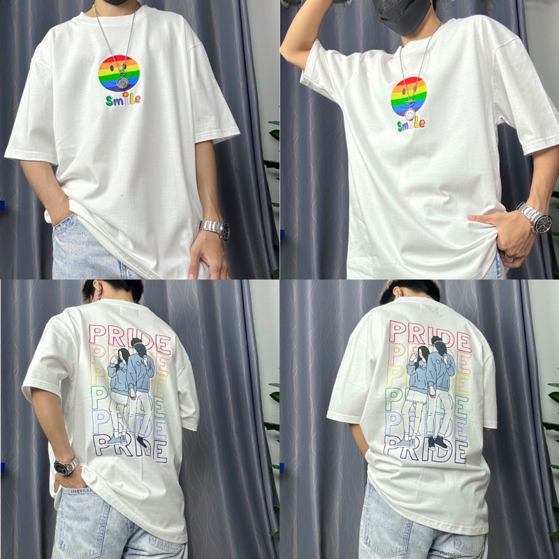 เสื้อยืดOversize Cotton100% ลายยิ้มรุ้งคู่