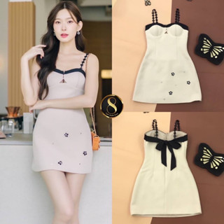 creamy dress เดรสสั้นสีครีมแต่งสายโบว์ดำเรียบหรู ดูแพงมากๆ ใส่ไปเที่ยวน่ารักสุดๆ ป้าย 8studio