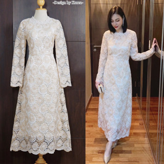 ชุดเดรสลูกไม้สีครีมทอง แขนยาว M-4XL ชุดทำบุญ ชุดราตรียาว