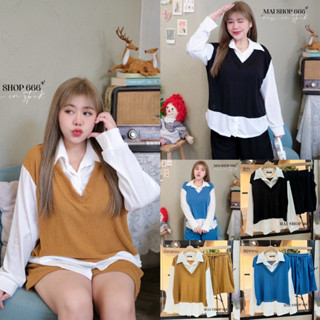 เชต2ชิ้น เสื้อคอปกเเต่งขาวสลับสีเเขนยาว+กางเกงขาสั้นรูดเอว สไตล์มินิมอลล์ ชุดเซ้ตไซส์ใหญ่ เสื้อผ้าสาวอวบอ้วน พลัสไซส์