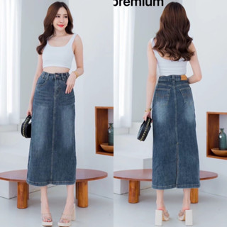 Up premium jeans (S-3XL) กระโปรงยีนส์ยาวเอวสูงผ้ายืดทรงเรียบสีฟอก 3168# jeansdede