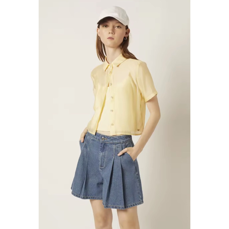 ESP เสื้อเชิ้ตแขนสั้นซีทรู + เสื้อกล้ามผ้าริบ ผู้หญิง สีเหลือง