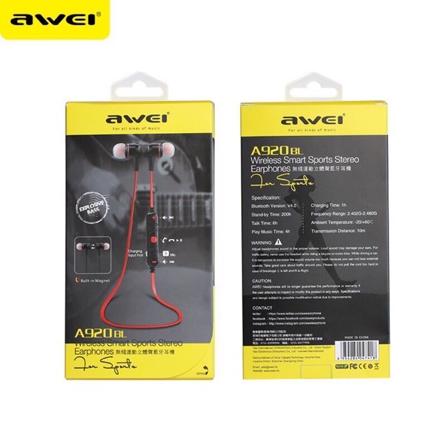 SP MOBILE หูฟังบลูทูธเหมาะสำหรับออกกำลังกายมีแม่เหล็ก Magnet Sports In-Ear Bluetooth / AWEI รุ่น A92