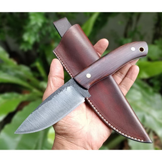 มีดพก มีดใบตาย fixed blade pocket knife มีดแล่ มีดแคมป์ มีดเดินป่า ใบ 4” เหล็กผานไถ ตีร้อน ด้ามประกบไม้พะยูง ซองหนังแท้