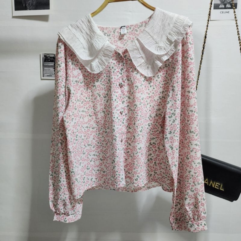 yi li da เสื้อแขนยาวลายดอก คอปกสองชั้น