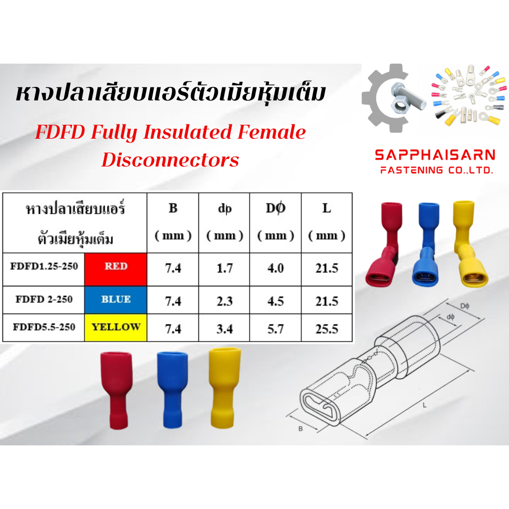 ❗มีส่งด่วน❗หางปลาเสียบแอร์ตัวเมียหุ้มเต็ม FDFD Fully Insulated Female Disconnectors สีแดง/สีน้ำเงิน/สีเหลือง