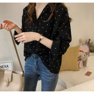 พร้อมส่งเสื้อคอปกแขนยาวพิมพ์ลายจุดสำหรับผู้หญิง