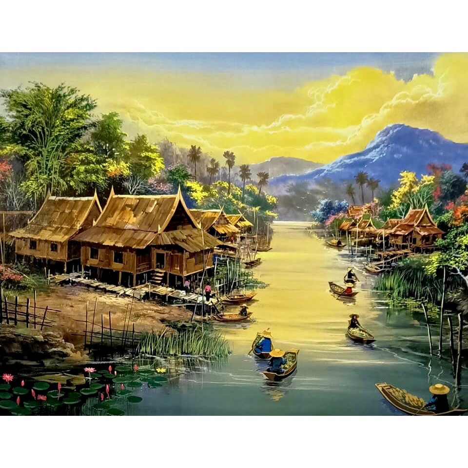 ภาพวิวบ้าน เรือ ลำคลอง ภาพเปล่าขนาด 16x20 นิ้ว ภาพมงคล เสริมฮวงจุ้ย ภาพแต่งบ้าน รูปภาพติดผนัง