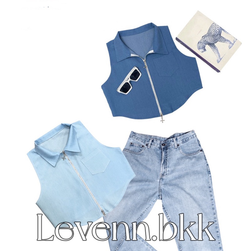 Levenn.bkk • jeans crop เสื้อครอปแขนกุดทรงสวย ตัวนี้เป็นผ้ายีนส์แท้ ดีเทลดีมาก