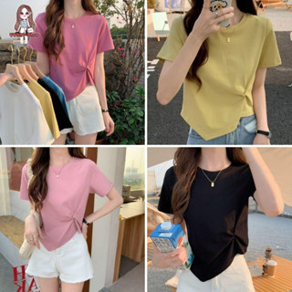 เสื้อยืด คอกลม แขนสั้น สีพื้น ดีเทลจีบเอวเก๋ๆ น่ารักมาก พร้อมส่ง TS420