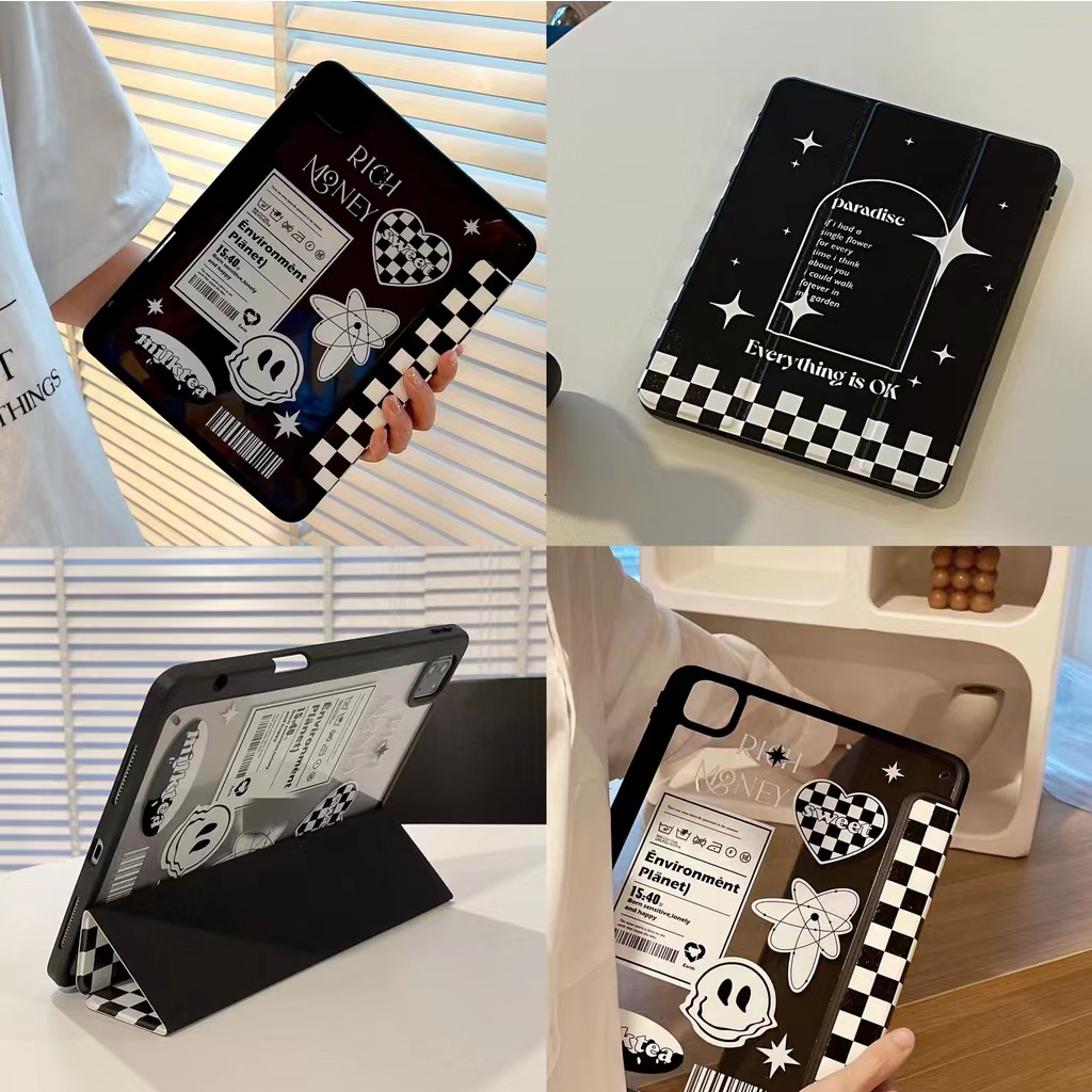 สีดำตารางหมากรุกหัวใจ เคสไอแพด for ไอแพดเจน10 / ไอแพดเจน8/7 ไอแพดเจน9 10.2 เคสไอแพด gen11 Air7 air 7