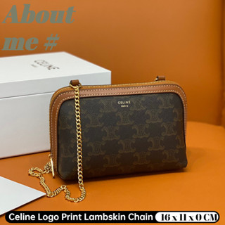 👜 เซลีน Celine Logo Print Lambskin Chain Clutch กระเป๋าผู้หญิง Shell Classic