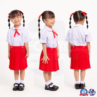 ชุดอนุบาลหญิง สีแดง เสื้ออนุบาล กระโปรงอนุบาล มาตราฐาน ตราชนินทร์อาภรณ์
