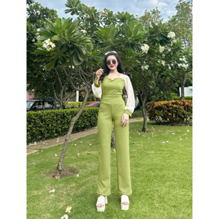 พร้อมส่ง ชุดเซต เสื้ออกทรงหัวใจแขนยาว+กางเกง (J45,J46) A1878