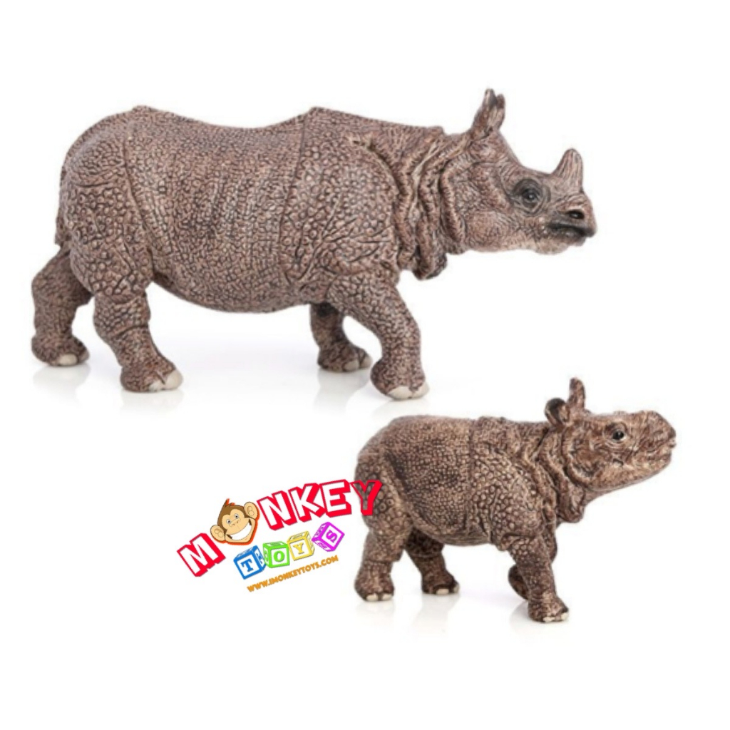 Monkey Toys โมเดลสัตว์ Rhinos แรด อินเดีย น้ำตาล แม่ลูก ชุด 2 ตัว (จากหาดใหญ่)