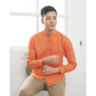 เสื้อเชิ้ตคอจีนสีส้ม เสื้อเชิ้ตแขนยาว ทรงเข้ารูป สลิมฟิต Slim-Fit ผ้าCotton เสื้อเชิ้ตผู้ชายคอจีน