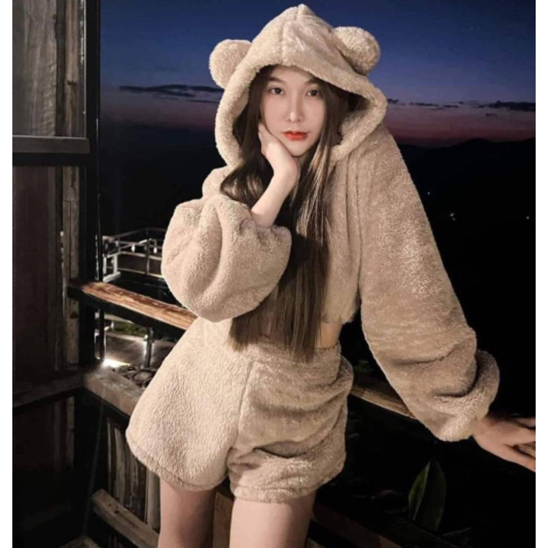 Hot ชุดเซ็ตหมีขนนุ่ม เซ็ตเสื้อ+กางเกง ขนมิ้งค์นุ่มนิ่ม แฟชั่นอากาศหนาว