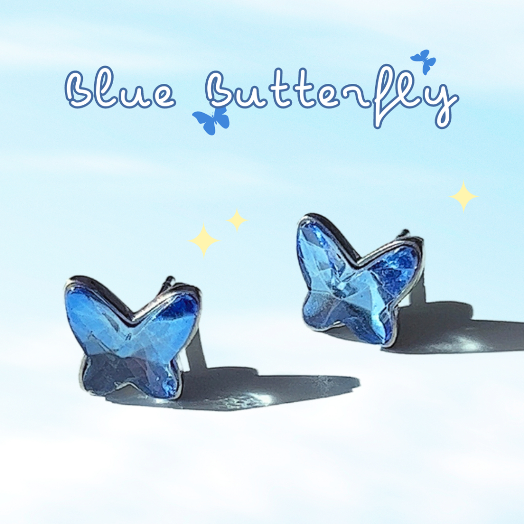 [พร้อมส่ง ] Blue Butterfly ต่างหูผีเสื้อสีน้ำเงิน ต่างหูนำโชค ต่างหูสายมู nood.bkk