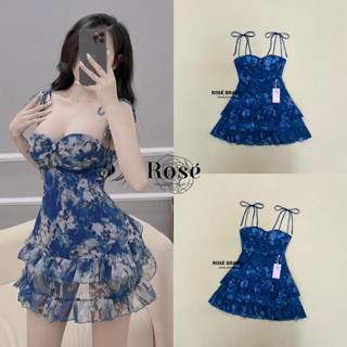 Minidress สายเดี่ยวลายดอกไม้โทนสีน้ำเงิน