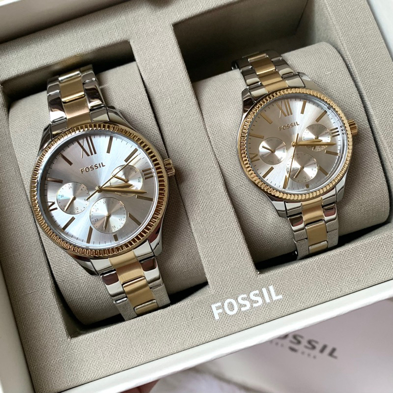 [[พร้อมส่ง📦แท้💯%]] Fossil bq2737set His and Hers Multifunction Two-Tone Stainless Steel Watch Set
