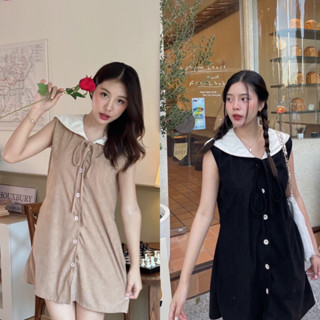 Teera❤️พร้อมส่ง✨Harlie Dress🍒เดรสทูโทนคอปกทหารเรือแต่งปกสีขาวเนื้อผ้าลูกฟูกนุ่มๆนิ่มๆ Nanny เดรสทำงาน เดรสไปเที่ยว