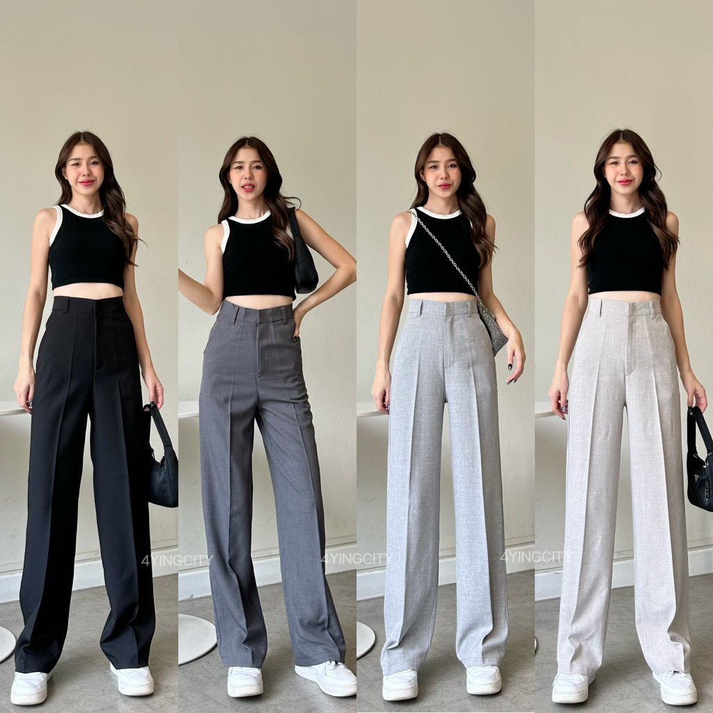 กางเกงขากระบอกตะขอหน้า ทรงลุง ผ้าโซดา ป้าย 4YING #YING-002