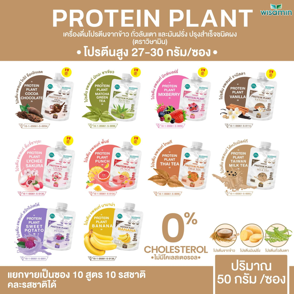 โปรตีนแพลนท์ 10 รสชาติ สูตร 1 ((ชนิดซองชงดื่ม 50 กรัม)) PROTEIN PLANT ออแกรนิค โปรตีนพืชจากข้าว ถั่วลันเตา มันฝรั่ง