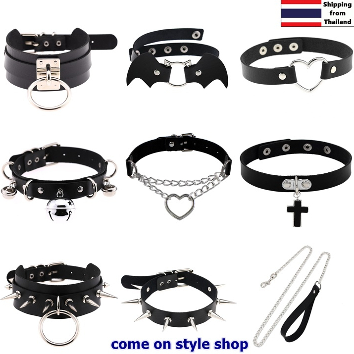 สร้อยคอโชคเกอร์ สายหนัง สีดำ คล้องโซ่ พังค์ ร็อค มังงะ มากกว่า 20 แบบ Punk Rock Hip Hop Leather Choker ส่งจากเมืองไทย