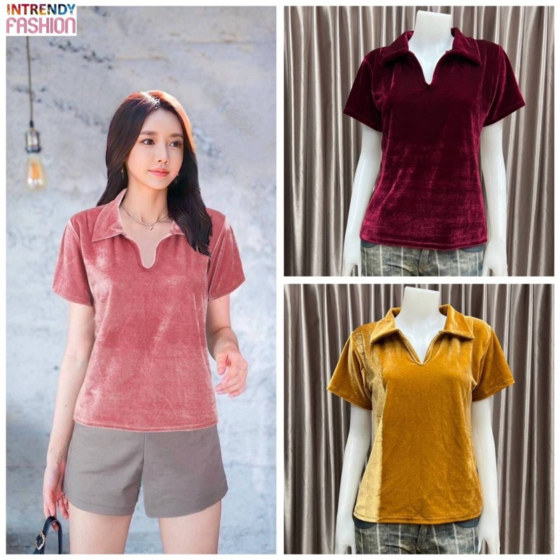 พร้อมส่ง.เสื้อยืดกํามะหยี่คอปก Free size: 34 - 40 นิ้ว ใส่ได้ ใส่สวย ( หน้าผ้า 36 นิ้ว)