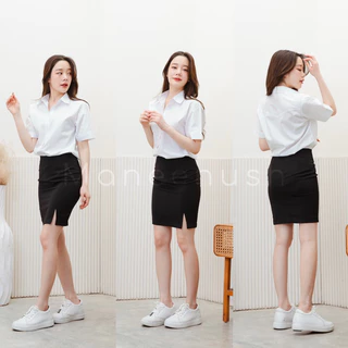 เสื้อนักศึกษาทรงบอย แขนสามเหลี่ยม สีขาวนวล เสื้อนิสิต มีรังดุม