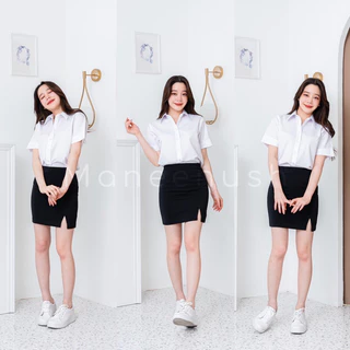 กระโปรงทรงเอเอวสูง ยาว 14", 16" ผ่าหน้า/ผ่าหลัง ผ้าฮานาโกะ ผ้ายืด สีดำ กระโปรงนักศึกษา
