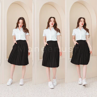 พลีทมีกระเป๋า ยาว14”-24” Freesize(เอว23-30) / XL(เอว30-42) กระโปรงนักศึกษา ผ้าหางกระรอก