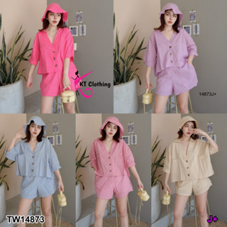 J14873 Set 3 ชิ้น เสื้อคอปกกระดุมหน้า + กางเกงขาสั้น + หมวกบัคเกต Set 3 pieces: front button shirt + shorts + bucket hat