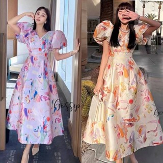 Long dress  ZARA คอวีแขนพอง ผ้าพิมลายสุดสวย  มีซับในทั้งตัว งานมีซีปหลัง