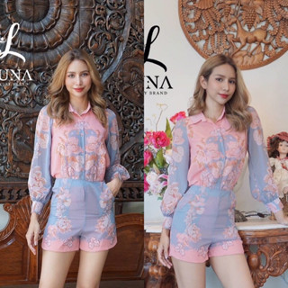 ❌พร้อมส่งS-4XL❌ป้าย Luna เซ็ท2ชิ้นชีฟองลายดอกสีสวย เสื้อคอปกแขนยาวพองๆ+กางเกงขาสั้น สวยน่ารักมาก ใส่เที่ยว