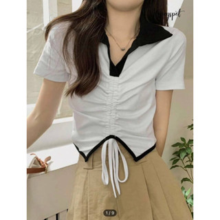 เสื้อครอปแขนสั้น คอปกโปโล แบบผูกเชือก เข้ารูป น่ารัก สไตล์เกาหลี